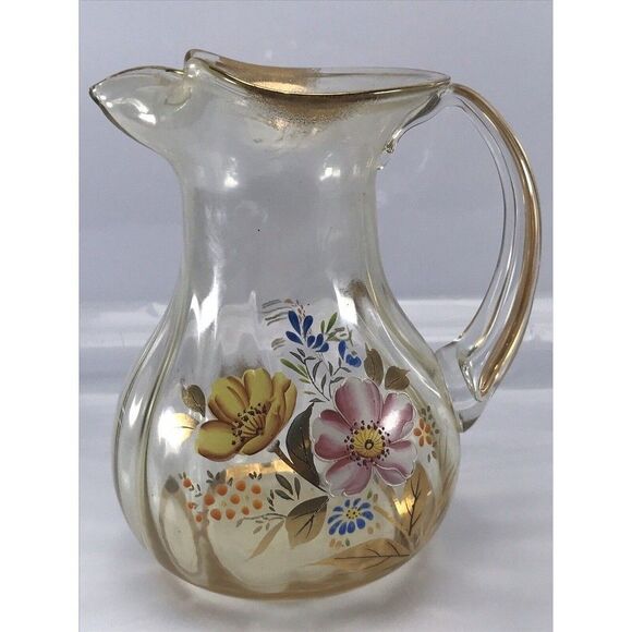 VTG Floral Painted Yellow Glass Pitcher Gold Trim 7.25" - Picture 1 of 12